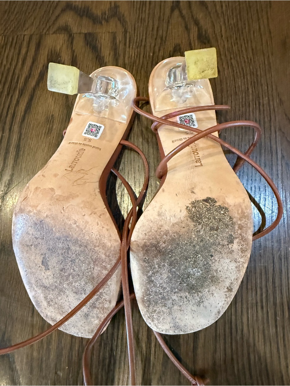 Larroude Women’s Tan Leather Wrap-Strap Sandals with Clear Band - Picture 2 of 2